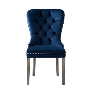 HomeRoots Set of Two Elegant Tufted Velvet Dining Chairs in Navy Blue & Light Gray for Stylish Seating 543532