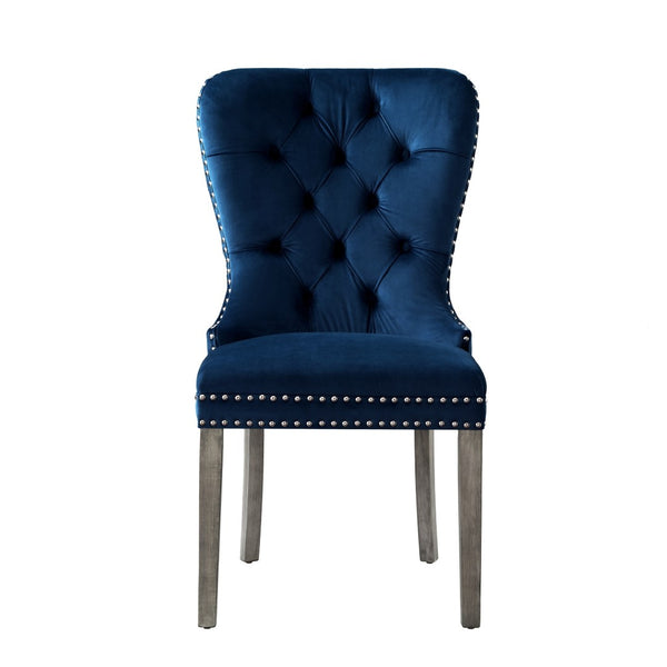 HomeRoots Set of Two Elegant Tufted Velvet Dining Chairs in Navy Blue & Light Gray for Stylish Seating 543532