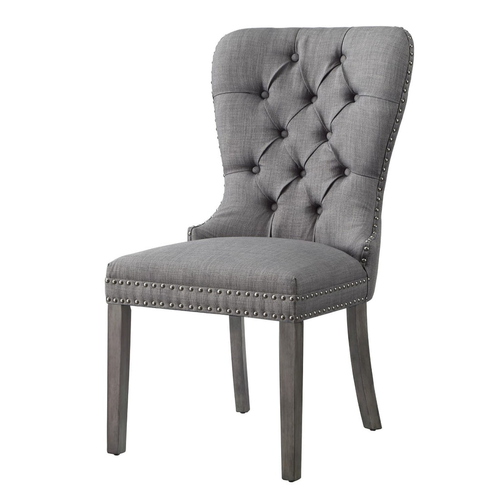 HomeRoots Set of Two Elegant Light Gray Tufted Upholstered Linen Dining Chairs with Nailhead Trim Style 543534