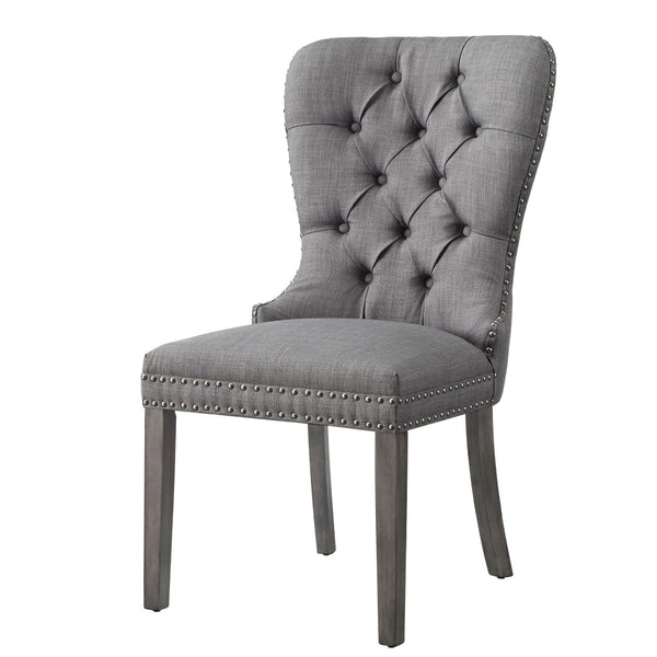 HomeRoots Set of Two Elegant Light Gray Tufted Upholstered Linen Dining Chairs with Nailhead Trim Style 543534