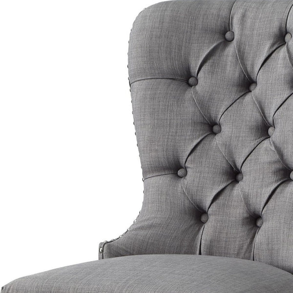 HomeRoots Set of Two Elegant Light Gray Tufted Upholstered Linen Dining Chairs with Nailhead Trim Style 543534