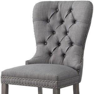 HomeRoots Set of Two Elegant Light Gray Tufted Upholstered Linen Dining Chairs with Nailhead Trim Style 543534
