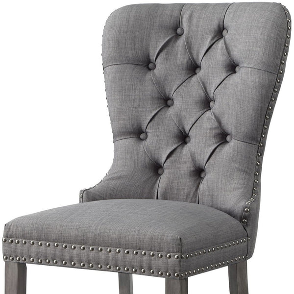 HomeRoots Set of Two Elegant Light Gray Tufted Upholstered Linen Dining Chairs with Nailhead Trim Style 543534