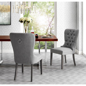 HomeRoots Set of Two Elegant Light Gray Tufted Upholstered Linen Dining Chairs with Nailhead Trim Style 543534