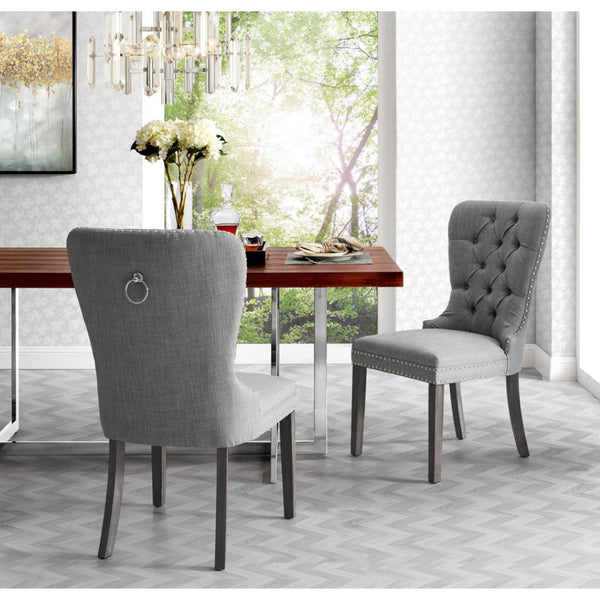 HomeRoots Set of Two Elegant Light Gray Tufted Upholstered Linen Dining Chairs with Nailhead Trim Style 543534