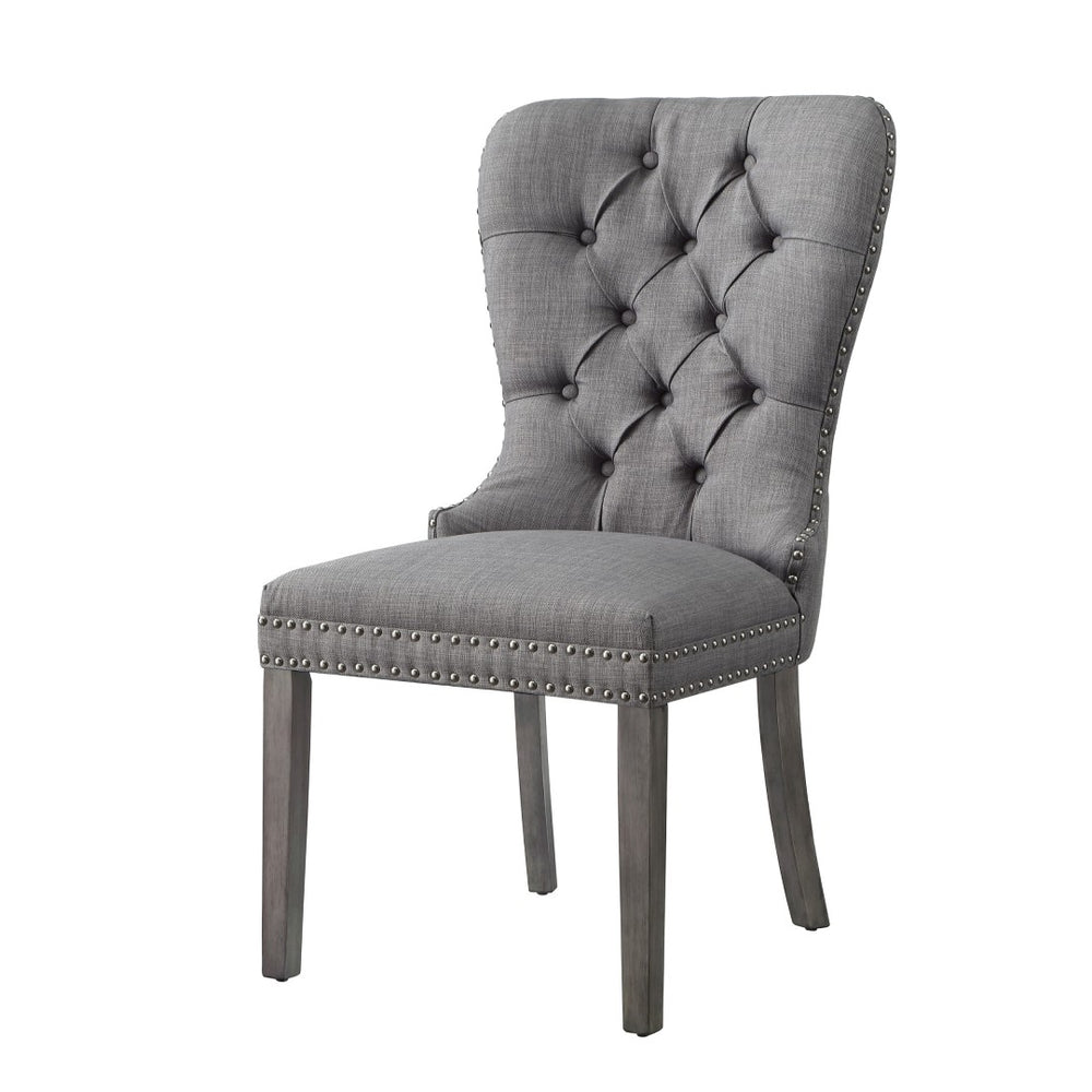 HomeRoots Set of Two Elegant Light Gray Tufted Upholstered Linen Dining Chairs with Nailhead Trim Style 543534