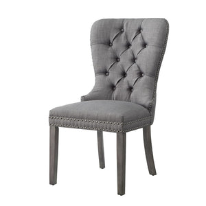 HomeRoots Set of Two Elegant Light Gray Tufted Upholstered Linen Dining Chairs with Nailhead Trim Style 543534