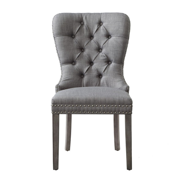 HomeRoots Set of Two Elegant Light Gray Tufted Upholstered Linen Dining Chairs with Nailhead Trim Style 543534