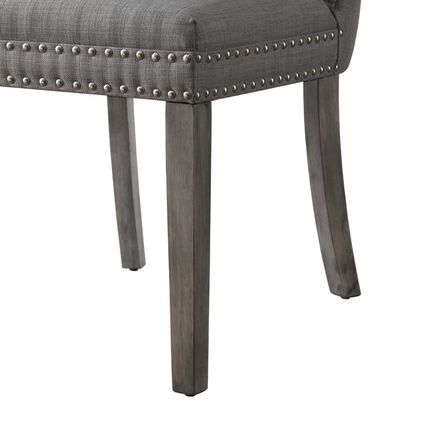 HomeRoots Set of Two Elegant Light Gray Tufted Upholstered Linen Dining Chairs with Nailhead Trim Style 543534