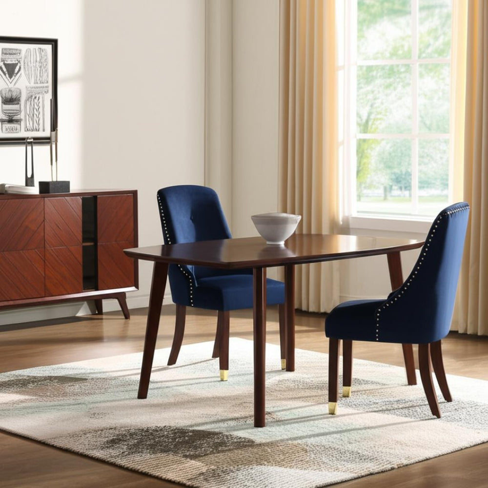HomeRoots Set of Two Elegant Tufted Navy Blue Velvet Dining Chairs with Espresso Frame & Nailhead Trim 543539