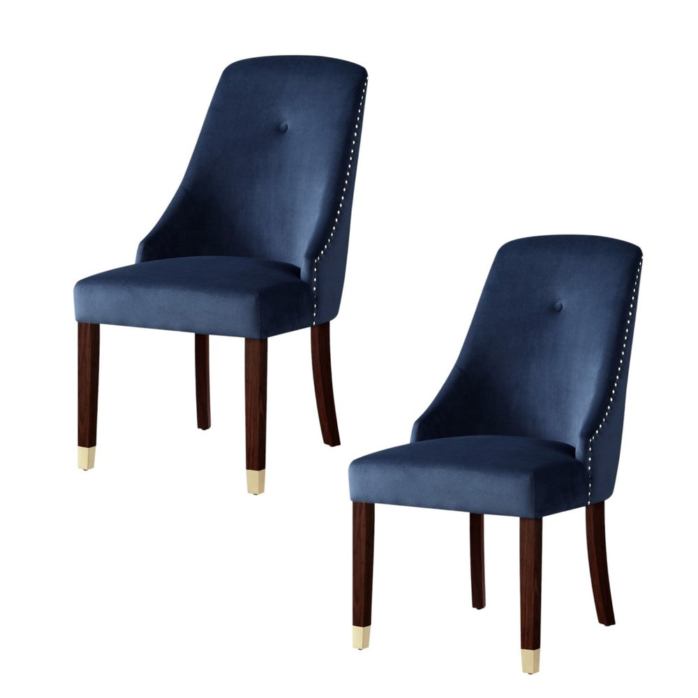 HomeRoots Set of Two Elegant Tufted Navy Blue Velvet Dining Chairs with Espresso Frame & Nailhead Trim 543539
