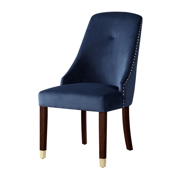 HomeRoots Set of Two Elegant Tufted Navy Blue Velvet Dining Chairs with Espresso Frame & Nailhead Trim 543539