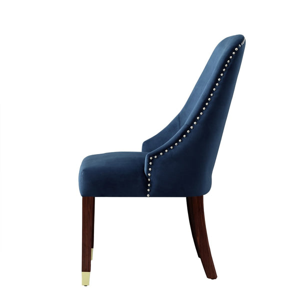 HomeRoots Set of Two Elegant Tufted Navy Blue Velvet Dining Chairs with Espresso Frame & Nailhead Trim 543539
