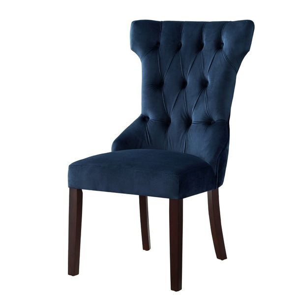 HomeRoots Set of Two Elegant Navy Blue Velvet Tufted Dining Chairs with Espresso Legs for Versatile Style 543541