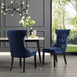 HomeRoots Set of Two Elegant Navy Blue Velvet Tufted Dining Chairs with Espresso Legs for Versatile Style 543541