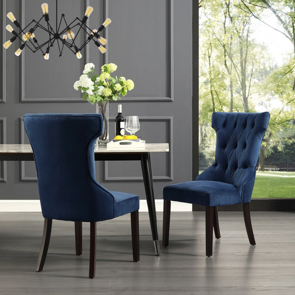 HomeRoots Set of Two Elegant Navy Blue Velvet Tufted Dining Chairs with Espresso Legs for Versatile Style 543541