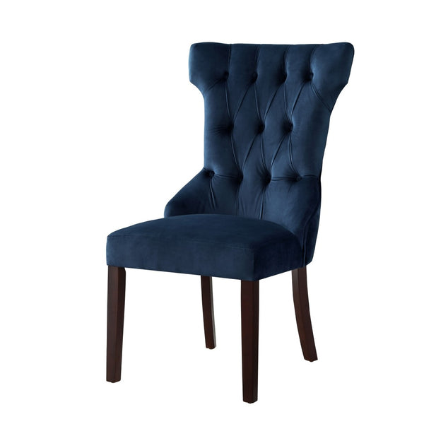 HomeRoots Set of Two Elegant Navy Blue Velvet Tufted Dining Chairs with Espresso Legs for Versatile Style 543541