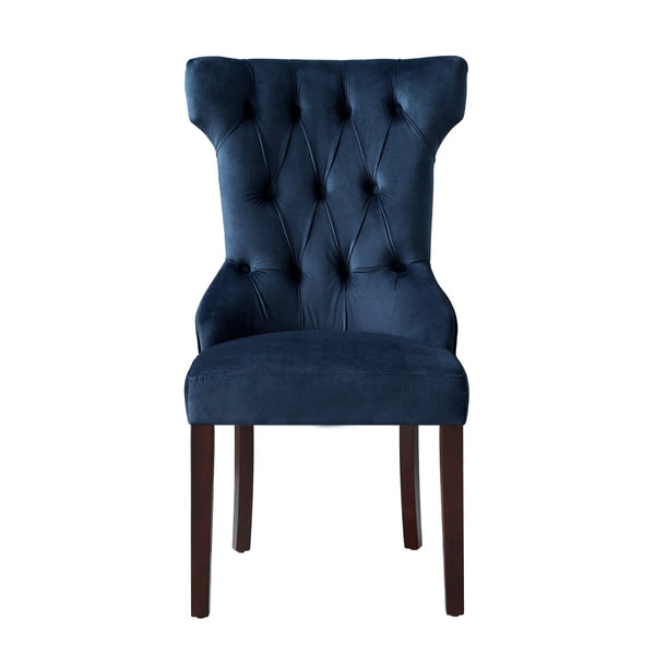 HomeRoots Set of Two Elegant Navy Blue Velvet Tufted Dining Chairs with Espresso Legs for Versatile Style 543541