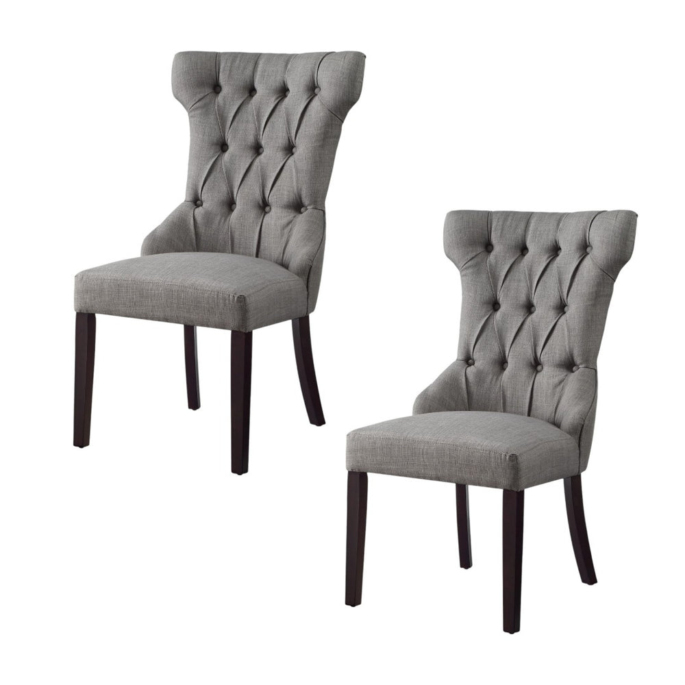 HomeRoots Set of Two Elegant Tufted Light Gray Wing Back Dining Chairs with Espresso Wood Legs for Versatile Use 543543