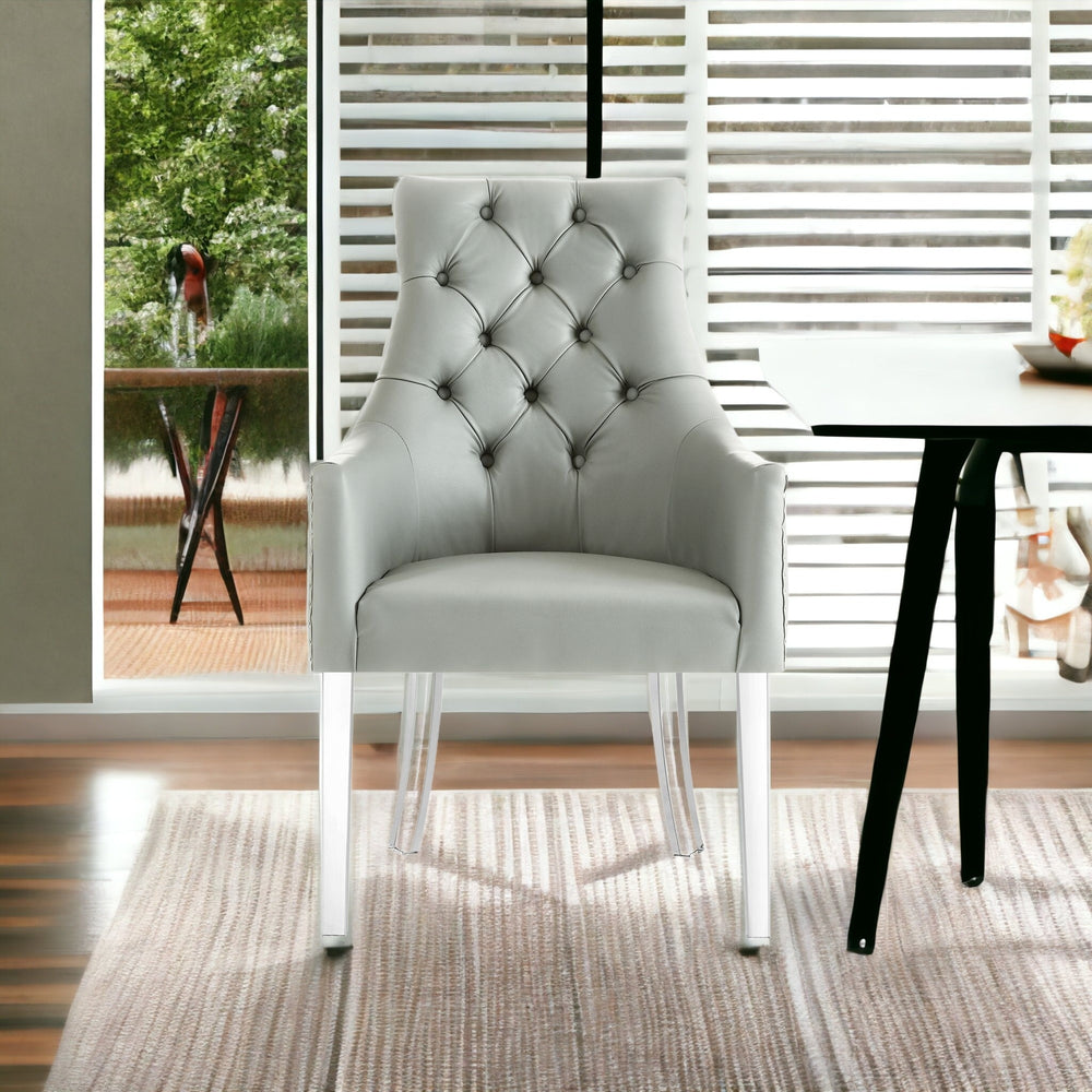 Homeroots Set Of Two Tufted Gray And Clear Upholstered Faux Leather Dining Arm Chairs  Wood 543544