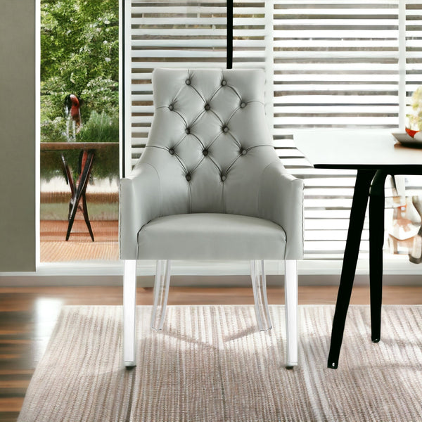 Homeroots Set Of Two Tufted Gray And Clear Upholstered Faux Leather Dining Arm Chairs  Wood 543544