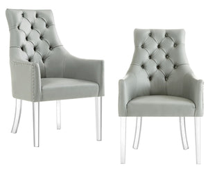 HomeRoots Set of Two Elegant Tufted Gray Faux Leather Dining Arm Chairs with Clear Legs for Versatile Seating 543544