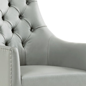 HomeRoots Set of Two Elegant Tufted Gray Faux Leather Dining Arm Chairs with Clear Legs for Versatile Seating 543544