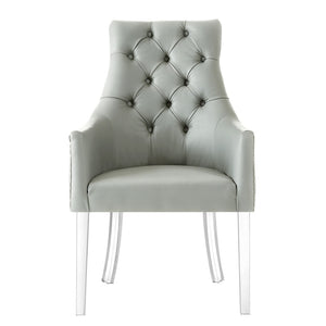 HomeRoots Set of Two Elegant Tufted Gray Faux Leather Dining Arm Chairs with Clear Legs for Versatile Seating 543544