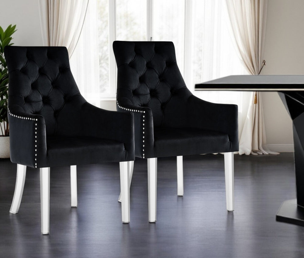 HomeRoots Set of Two Elegant Tufted Velvet Armchairs with Clear Legs for Dining or Accent Seating 543545