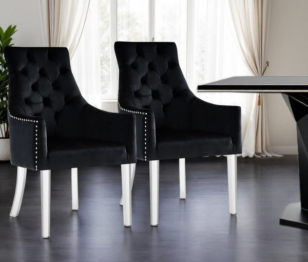 HomeRoots Set of Two Elegant Tufted Velvet Armchairs with Clear Legs for Dining or Accent Seating 543545
