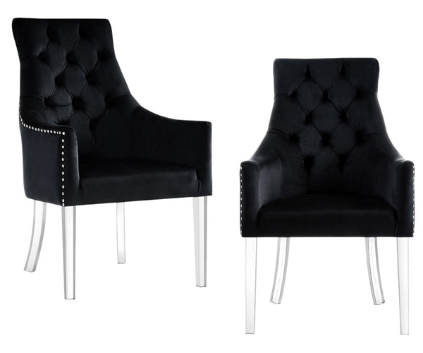 HomeRoots Set of Two Elegant Tufted Velvet Armchairs with Clear Legs for Dining or Accent Seating 543545