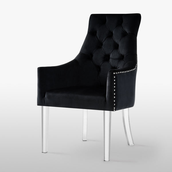 Homeroots Set Of Two Tufted Black And Clear Upholstered Velvet Dining Arm Chairs  Wood 543545