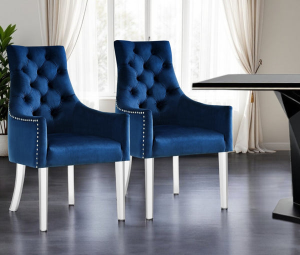 HomeRoots Set of Two Elegant Navy Velvet Tufted Armchairs with Clear Legs for Modern Dining & Accent Spaces 543546