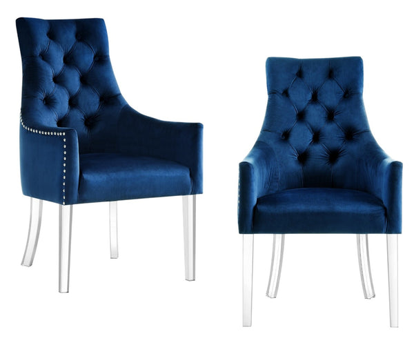 HomeRoots Set of Two Elegant Navy Velvet Tufted Armchairs with Clear Legs for Modern Dining & Accent Spaces 543546
