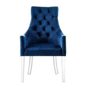 HomeRoots Set of Two Elegant Navy Velvet Tufted Armchairs with Clear Legs for Modern Dining & Accent Spaces 543546