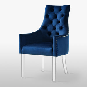 Homeroots Set Of Two Tufted Navy Blue And Clear Upholstered Velvet Dining Arm Chairs  Wood 543546