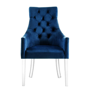 Homeroots Set Of Two Tufted Navy Blue And Clear Upholstered Velvet Dining Arm Chairs  Wood 543546