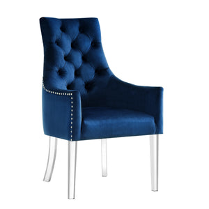 Homeroots Set Of Two Tufted Navy Blue And Clear Upholstered Velvet Dining Arm Chairs  Wood 543546