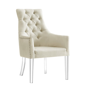 Homeroots Set Of Two Tufted Cream And Clear Upholstered Linen Dining Arm Chairs  Wood 543547