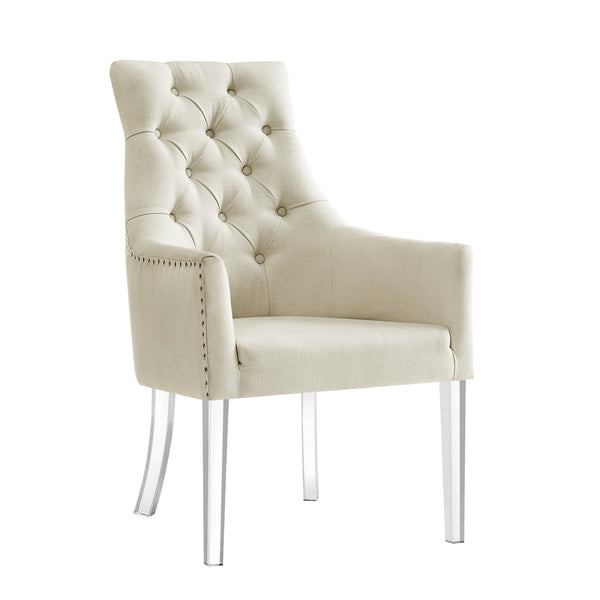 Homeroots Set Of Two Tufted Cream And Clear Upholstered Linen Dining Arm Chairs  Wood 543547