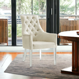 Homeroots Set Of Two Tufted Cream And Clear Upholstered Linen Dining Arm Chairs  Wood 543547
