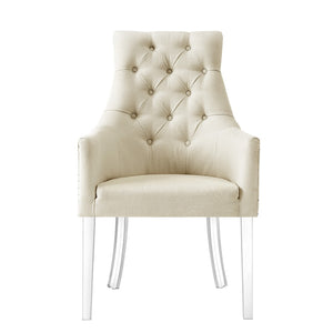 HomeRoots Set of Two Elegant Tufted Cream Linen Dining Arm Chairs with Clear Legs & Nailhead Trim Design 543547