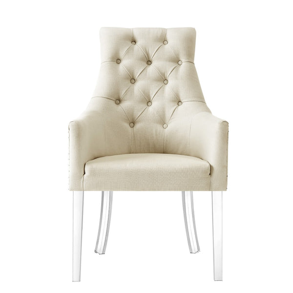HomeRoots Set of Two Elegant Tufted Cream Linen Dining Arm Chairs with Clear Legs & Nailhead Trim Design 543547