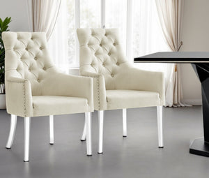 HomeRoots Set of Two Elegant Tufted Cream Linen Dining Arm Chairs with Clear Legs & Nailhead Trim Design 543547