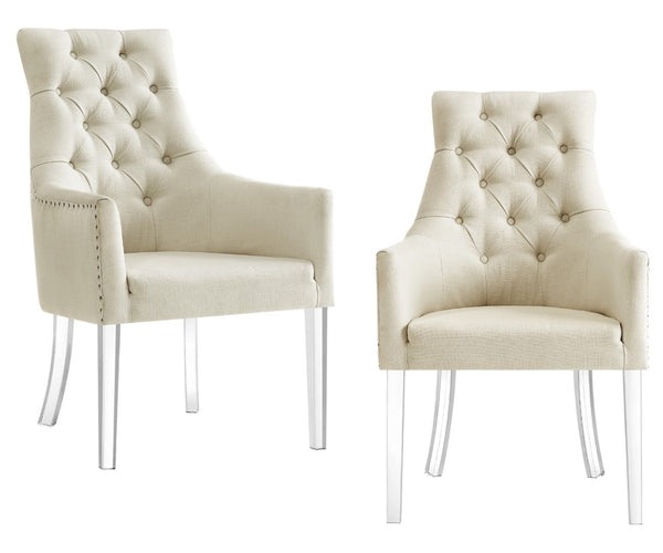 HomeRoots Set of Two Elegant Tufted Cream Linen Dining Arm Chairs with Clear Legs & Nailhead Trim Design 543547