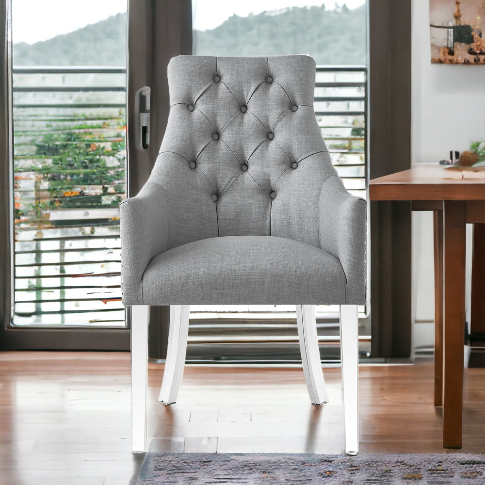 Homeroots Set Of Two Tufted Light Gray And Clear Upholstered Linen Dining Arm Chairs  Wood 543548