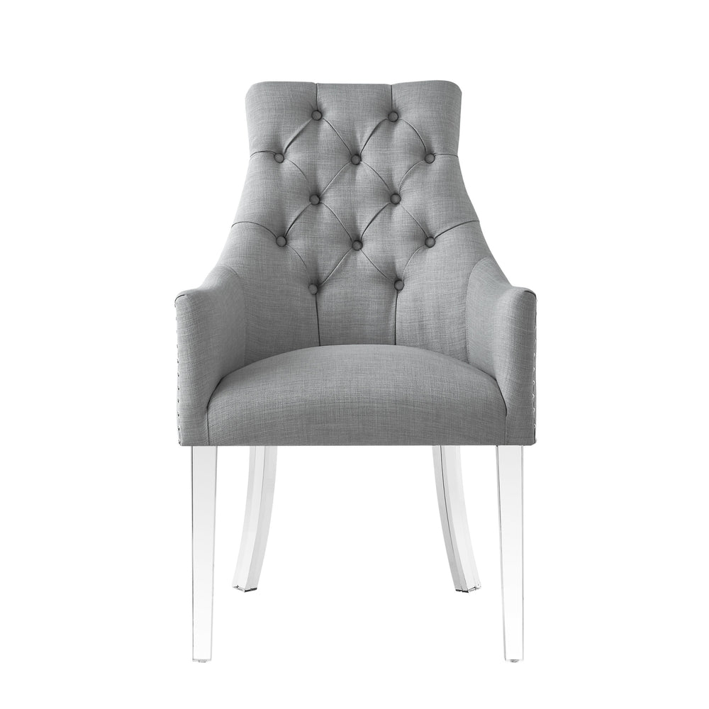 Homeroots Set Of Two Tufted Light Gray And Clear Upholstered Linen Dining Arm Chairs  Wood 543548