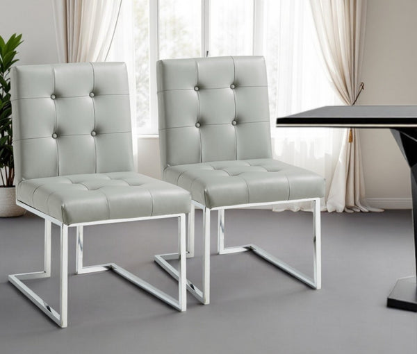 HomeRoots Set of Two Modern Tufted Light Gray Faux Leather Dining Side Chairs with Silver Metallic Legs 543549