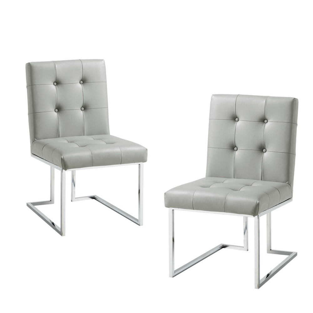 HomeRoots Set of Two Modern Tufted Light Gray Faux Leather Dining Side Chairs with Silver Metallic Legs 543549