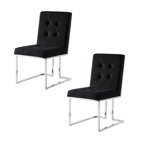 HomeRoots Set of Two Elegant Black Velvet Dining Chairs with Silver Metal Frame for Modern Living Spaces 543551